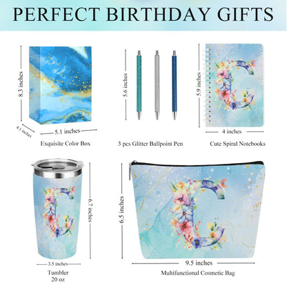 Personalized Gifts Monogrammed Birthday Gifts for Women, Cowerker Wife Sister Wedding Christmas Initial 20 oz Tumbler, Makeup Bag Cup Ballpoint Pens Journal Notebook 6 Set, (Aesthetic Green Flower C)
