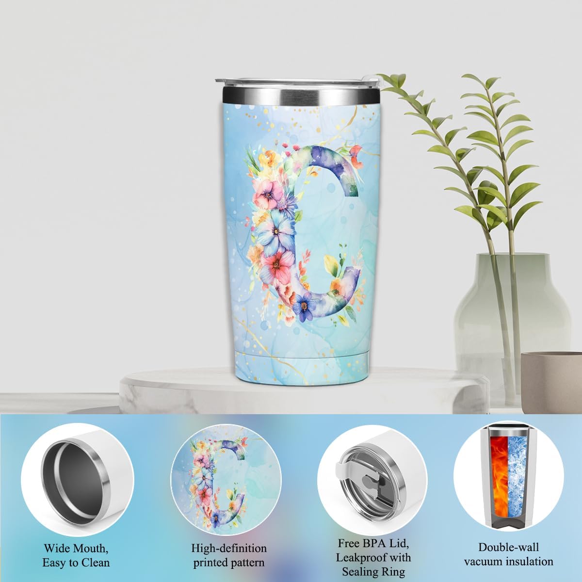 Personalized Gifts Monogrammed Birthday Gifts for Women, Cowerker Wife Sister Wedding Christmas Initial 20 oz Tumbler, Makeup Bag Cup Ballpoint Pens Journal Notebook 6 Set, (Aesthetic Green Flower C)