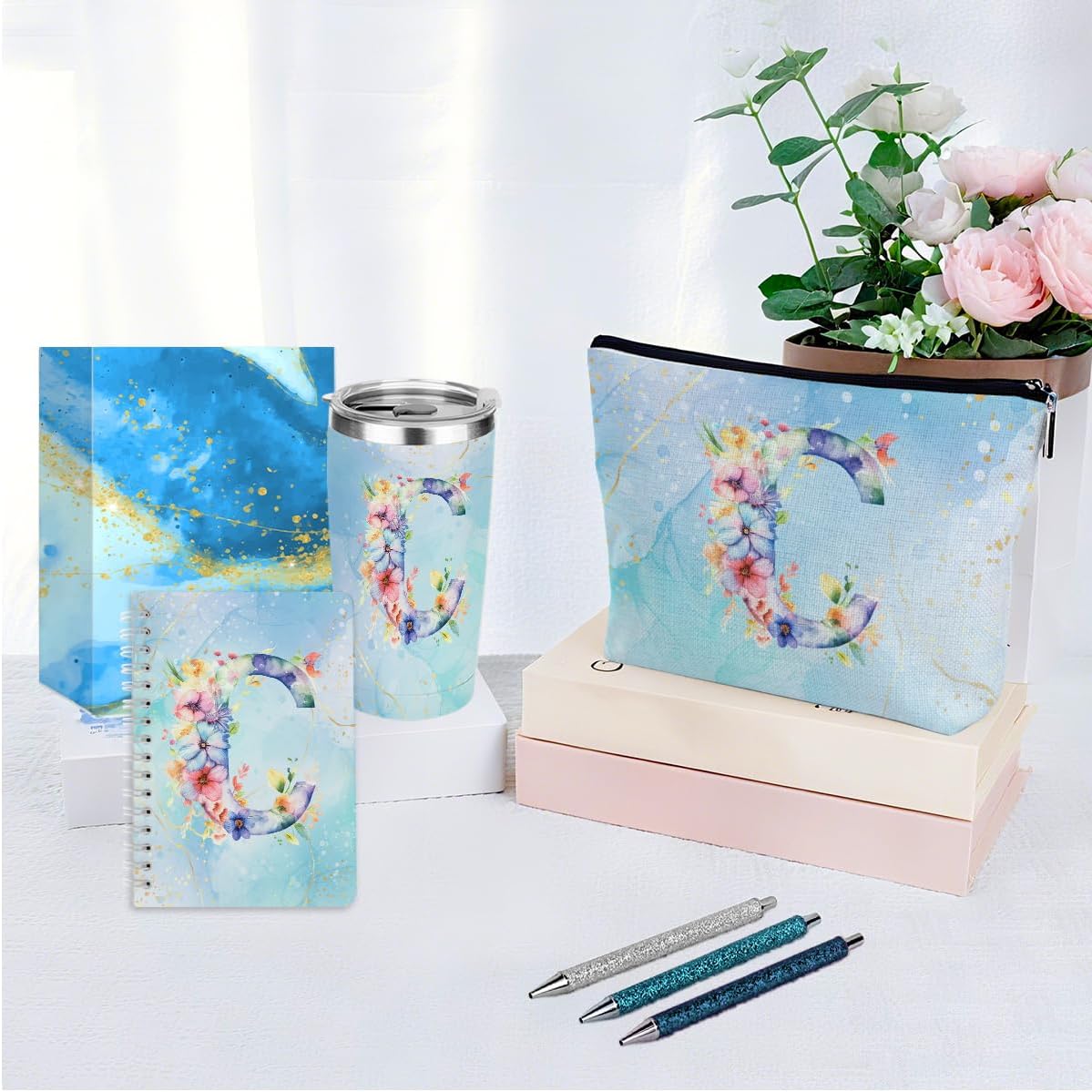 Personalized Gifts Monogrammed Birthday Gifts for Women, Cowerker Wife Sister Wedding Christmas Initial 20 oz Tumbler, Makeup Bag Cup Ballpoint Pens Journal Notebook 6 Set, (Aesthetic Green Flower C)
