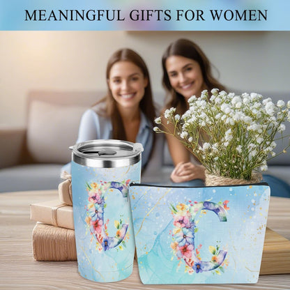 Personalized Gifts Monogrammed Birthday Gifts for Women, Cowerker Wife Sister Wedding Christmas Initial 20 oz Tumbler, Makeup Bag Cup Ballpoint Pens Journal Notebook 6 Set, (Aesthetic Green Flower C)