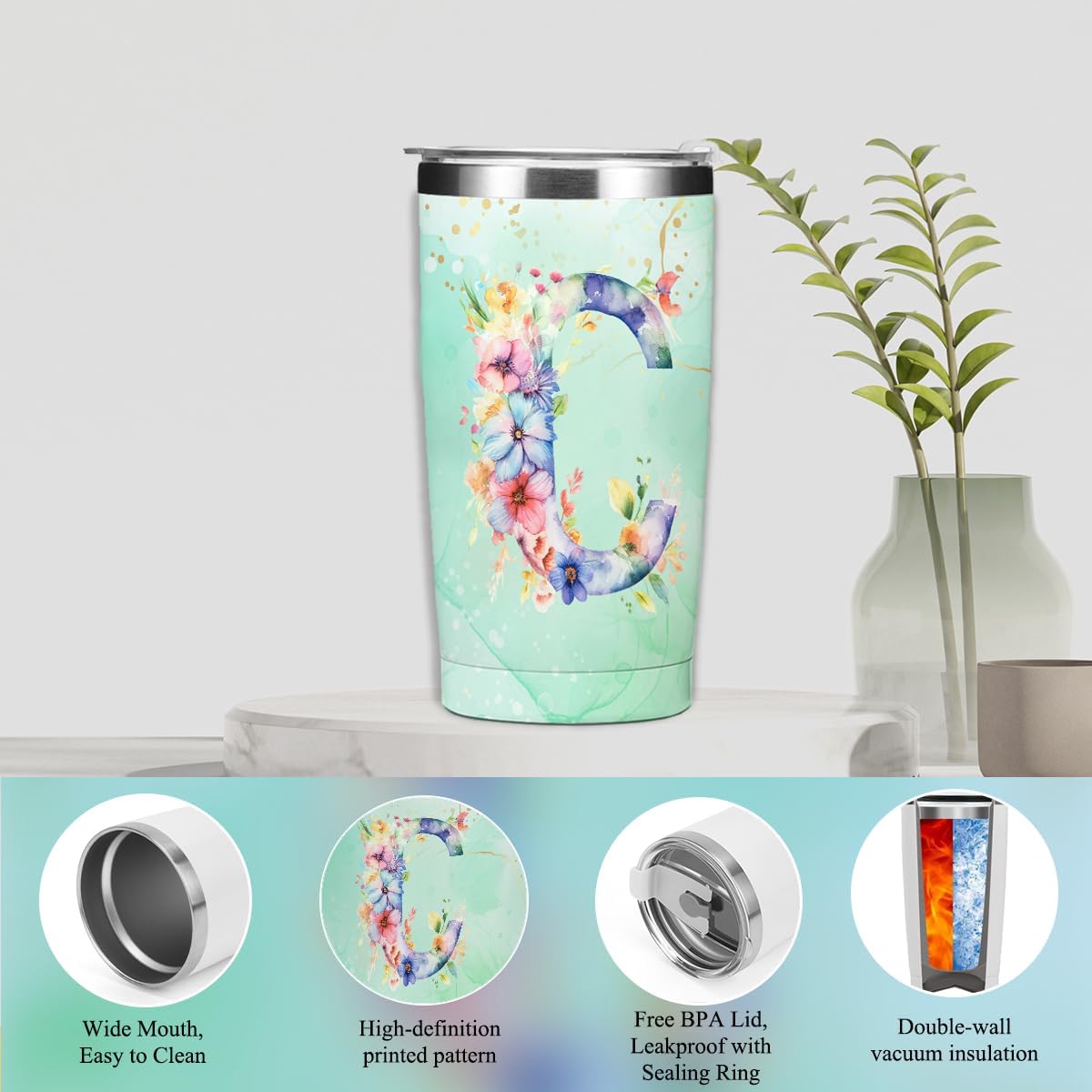 Personalized Gifts Monogrammed Birthday Gifts for Women, Cowerker Wife Sister Wedding Christmas Initial 20 oz Tumbler, Makeup Bag Cup Ballpoint Pens Journal Notebook 6 Set, (Aesthetic Green Flower C)