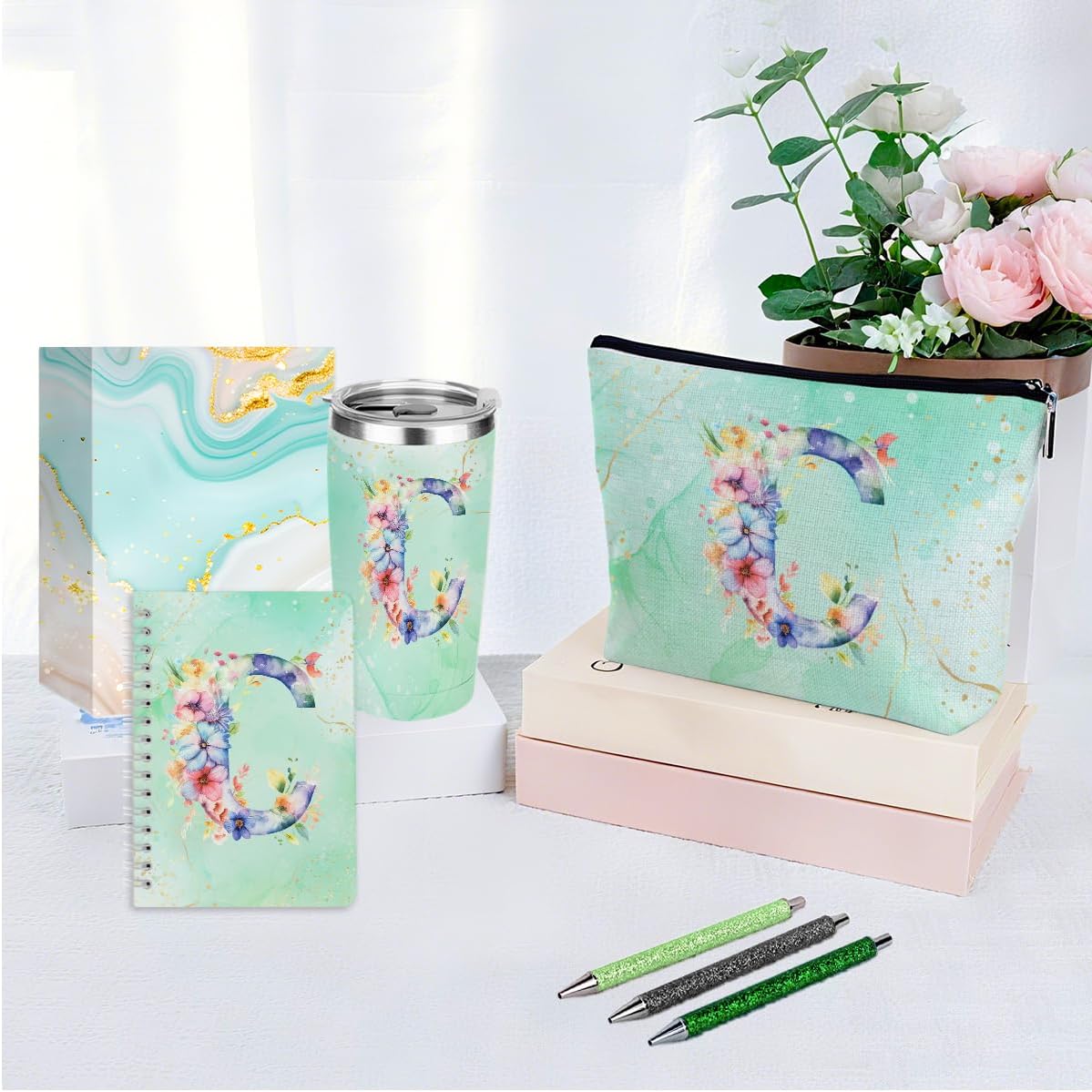 Personalized Gifts Monogrammed Birthday Gifts for Women, Cowerker Wife Sister Wedding Christmas Initial 20 oz Tumbler, Makeup Bag Cup Ballpoint Pens Journal Notebook 6 Set, (Aesthetic Green Flower C)