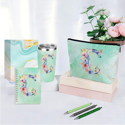 Personalized Gifts Monogrammed Birthday Gifts for Women, Cowerker Wife Sister Wedding Christmas Initial 20 oz Tumbler, Makeup Bag Cup Ballpoint Pens Journal Notebook 6 Set, (Aesthetic Green Flower C)