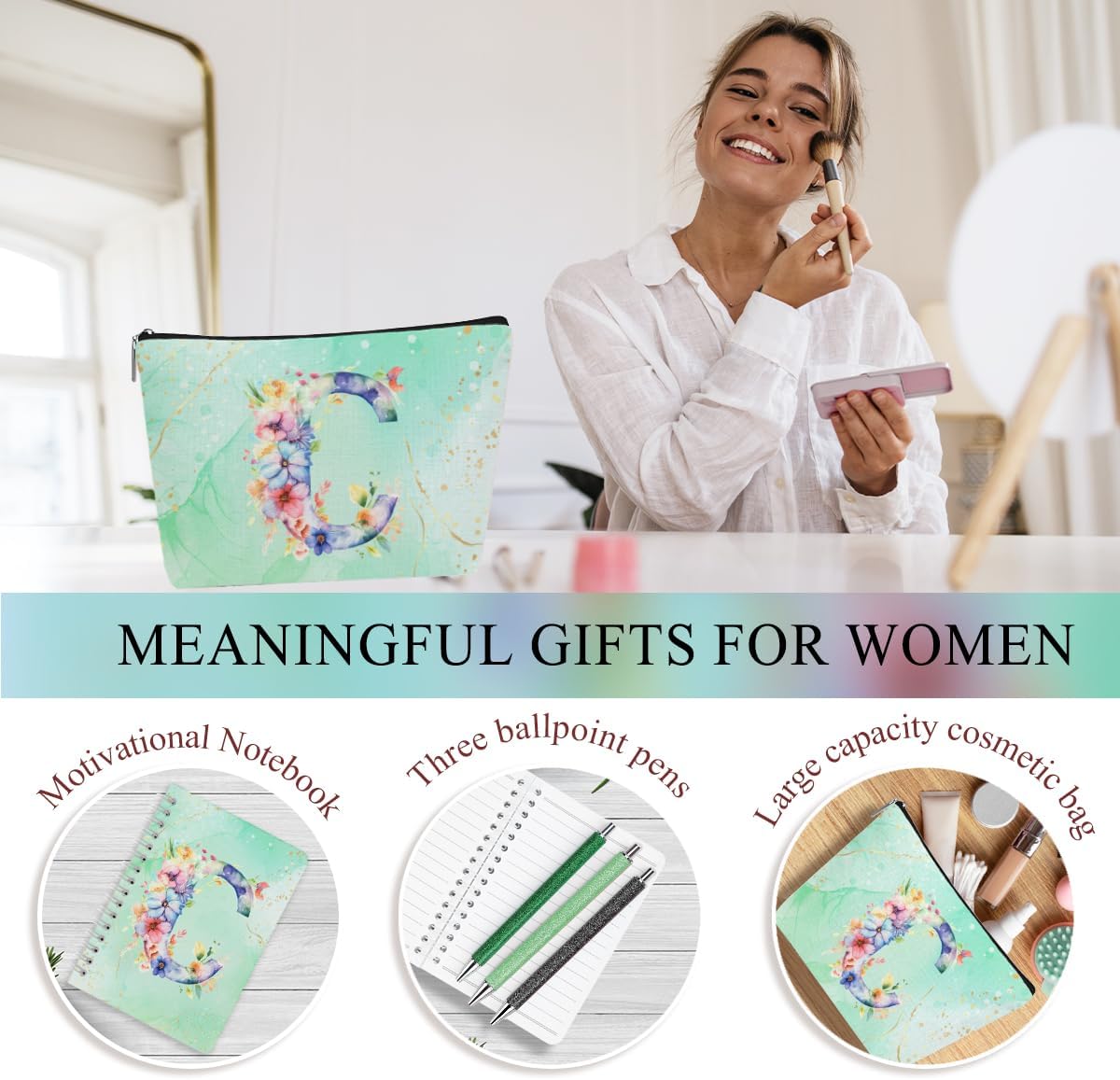 Personalized Gifts Monogrammed Birthday Gifts for Women, Cowerker Wife Sister Wedding Christmas Initial 20 oz Tumbler, Makeup Bag Cup Ballpoint Pens Journal Notebook 6 Set, (Aesthetic Green Flower C)