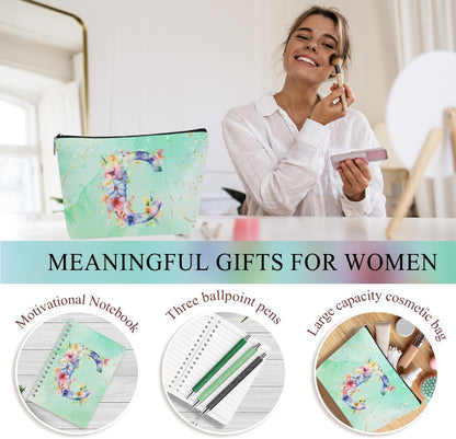 Personalized Gifts Monogrammed Birthday Gifts for Women, Cowerker Wife Sister Wedding Christmas Initial 20 oz Tumbler, Makeup Bag Cup Ballpoint Pens Journal Notebook 6 Set, (Aesthetic Green Flower C)