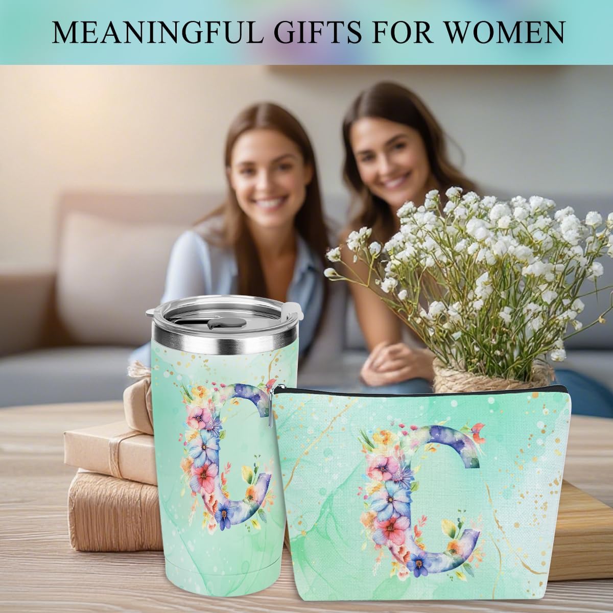 Personalized Gifts Monogrammed Birthday Gifts for Women, Cowerker Wife Sister Wedding Christmas Initial 20 oz Tumbler, Makeup Bag Cup Ballpoint Pens Journal Notebook 6 Set, (Aesthetic Green Flower C)