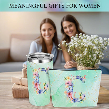 Personalized Gifts Monogrammed Birthday Gifts for Women, Cowerker Wife Sister Wedding Christmas Initial 20 oz Tumbler, Makeup Bag Cup Ballpoint Pens Journal Notebook 6 Set, (Aesthetic Green Flower C)