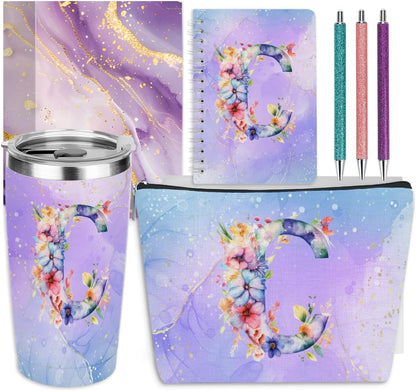 Personalized Gifts Monogrammed Birthday Gifts for Women, Cowerker Wife Sister Wedding Christmas Initial 20 oz Tumbler, Makeup Bag Cup Ballpoint Pens Journal Notebook 6 Set, (Aesthetic Green Flower C)