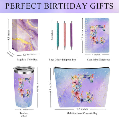 Personalized Gifts Monogrammed Birthday Gifts for Women, Cowerker Wife Sister Wedding Christmas Initial 20 oz Tumbler, Makeup Bag Cup Ballpoint Pens Journal Notebook 6 Set, (Aesthetic Green Flower C)