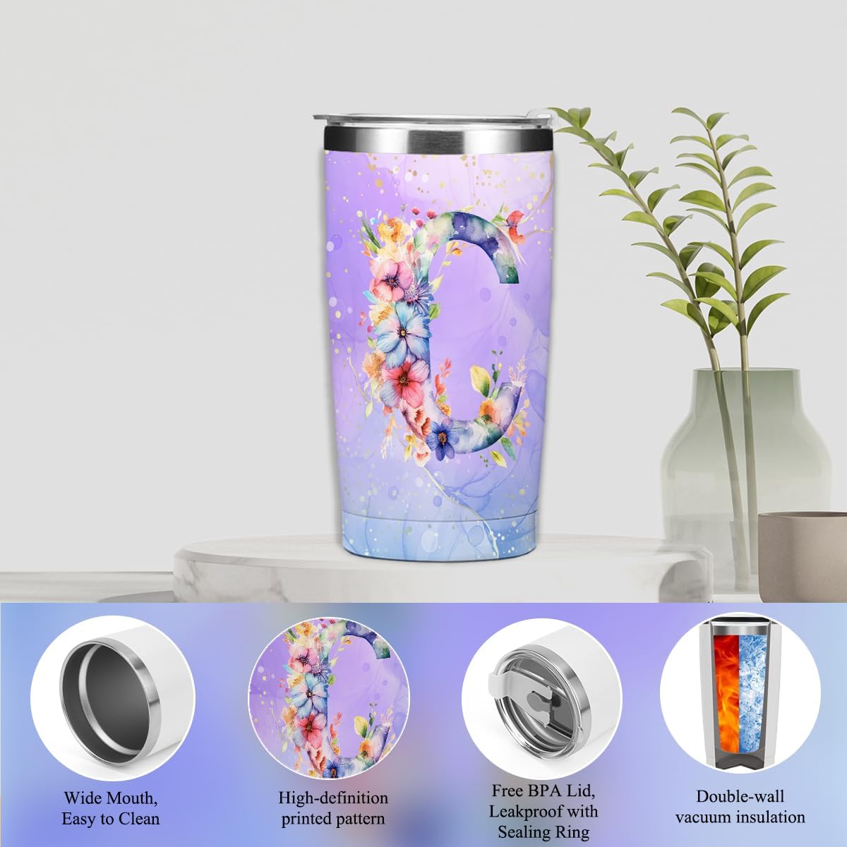 Personalized Gifts Monogrammed Birthday Gifts for Women, Cowerker Wife Sister Wedding Christmas Initial 20 oz Tumbler, Makeup Bag Cup Ballpoint Pens Journal Notebook 6 Set, (Aesthetic Green Flower C)