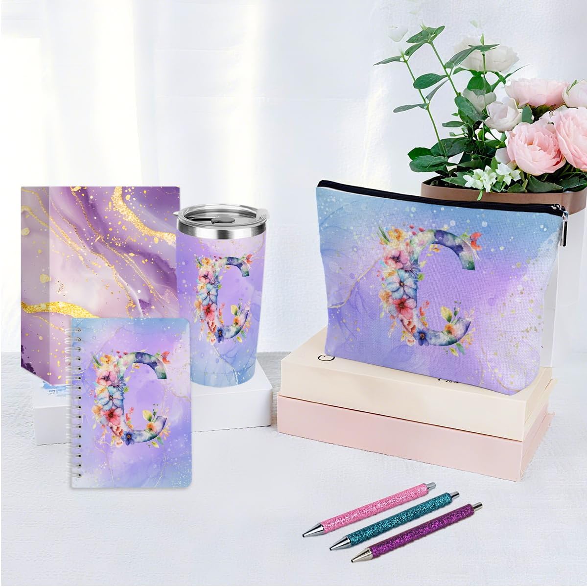 Personalized Gifts Monogrammed Birthday Gifts for Women, Cowerker Wife Sister Wedding Christmas Initial 20 oz Tumbler, Makeup Bag Cup Ballpoint Pens Journal Notebook 6 Set, (Aesthetic Green Flower C)