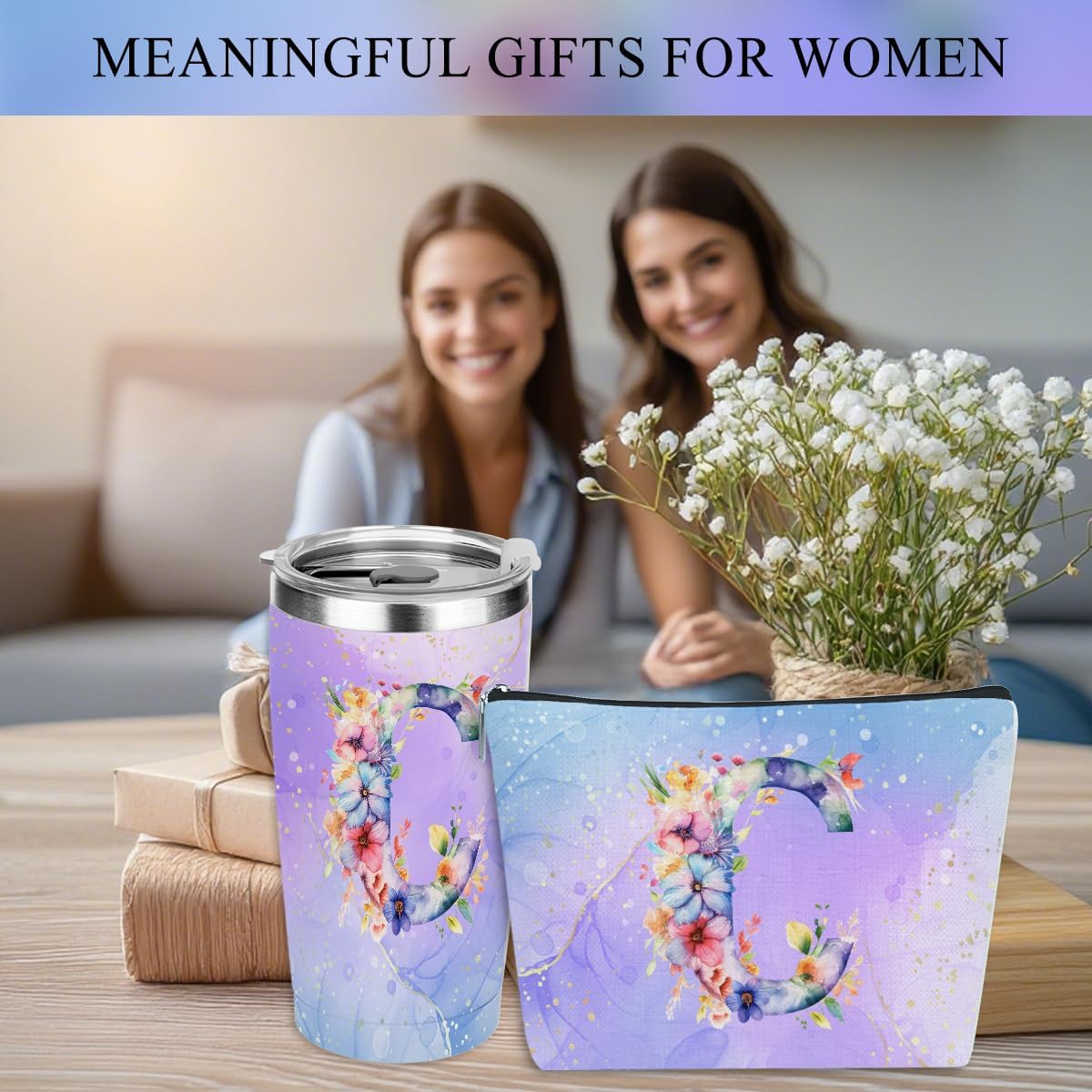 Personalized Gifts Monogrammed Birthday Gifts for Women, Cowerker Wife Sister Wedding Christmas Initial 20 oz Tumbler, Makeup Bag Cup Ballpoint Pens Journal Notebook 6 Set, (Aesthetic Green Flower C)