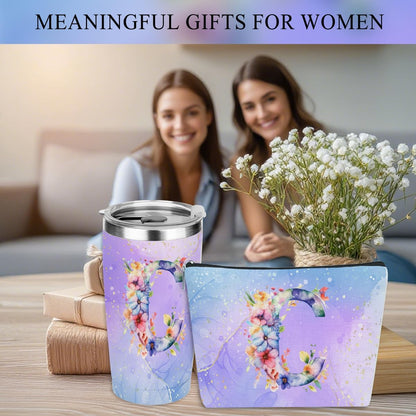 Personalized Gifts Monogrammed Birthday Gifts for Women, Cowerker Wife Sister Wedding Christmas Initial 20 oz Tumbler, Makeup Bag Cup Ballpoint Pens Journal Notebook 6 Set, (Aesthetic Green Flower C)