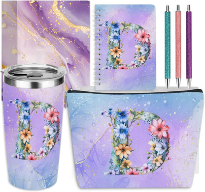 Personalized Gifts Monogrammed Birthday Gifts for Women, Cowerker Wife Sister Wedding Christmas Initial 20 oz Tumbler, Makeup Bag Cup Ballpoint Pens Journal Notebook 6 Set, (Aesthetic Green Flower C)