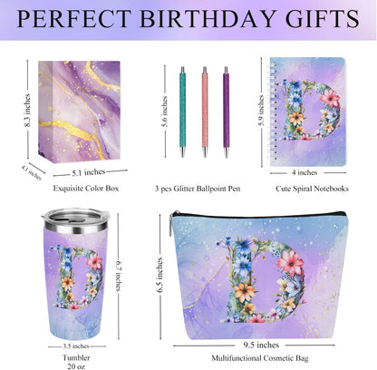 Personalized Gifts Monogrammed Birthday Gifts for Women, Cowerker Wife Sister Wedding Christmas Initial 20 oz Tumbler, Makeup Bag Cup Ballpoint Pens Journal Notebook 6 Set, (Aesthetic Green Flower C)