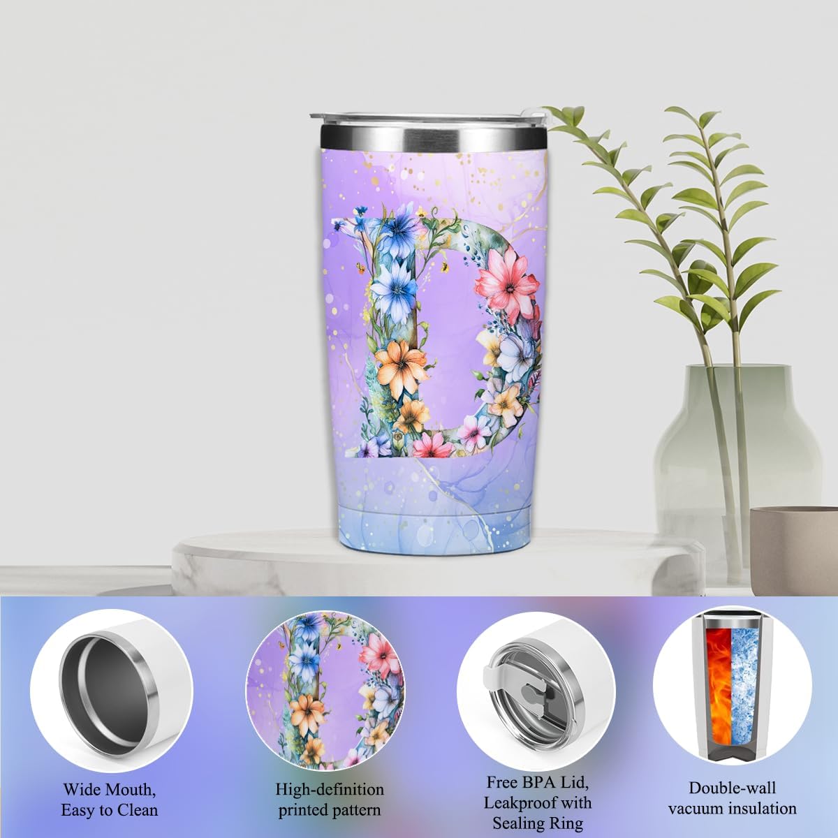 Personalized Gifts Monogrammed Birthday Gifts for Women, Cowerker Wife Sister Wedding Christmas Initial 20 oz Tumbler, Makeup Bag Cup Ballpoint Pens Journal Notebook 6 Set, (Aesthetic Green Flower C)