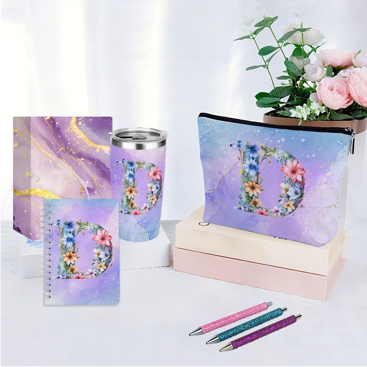 Personalized Gifts Monogrammed Birthday Gifts for Women, Cowerker Wife Sister Wedding Christmas Initial 20 oz Tumbler, Makeup Bag Cup Ballpoint Pens Journal Notebook 6 Set, (Aesthetic Green Flower C)