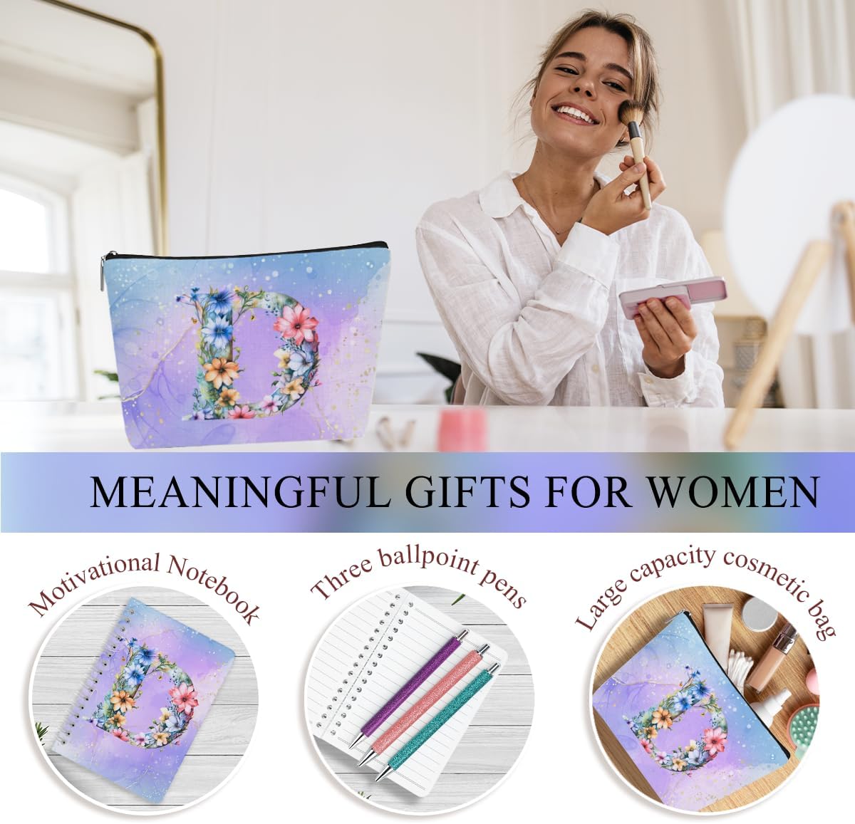 Personalized Gifts Monogrammed Birthday Gifts for Women, Cowerker Wife Sister Wedding Christmas Initial 20 oz Tumbler, Makeup Bag Cup Ballpoint Pens Journal Notebook 6 Set, (Aesthetic Green Flower C)