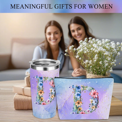 Personalized Gifts Monogrammed Birthday Gifts for Women, Cowerker Wife Sister Wedding Christmas Initial 20 oz Tumbler, Makeup Bag Cup Ballpoint Pens Journal Notebook 6 Set, (Aesthetic Green Flower C)