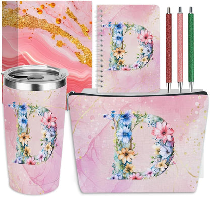 Personalized Gifts Monogrammed Birthday Gifts for Women, Cowerker Wife Sister Wedding Christmas Initial 20 oz Tumbler, Makeup Bag Cup Ballpoint Pens Journal Notebook 6 Set, (Aesthetic Green Flower C)