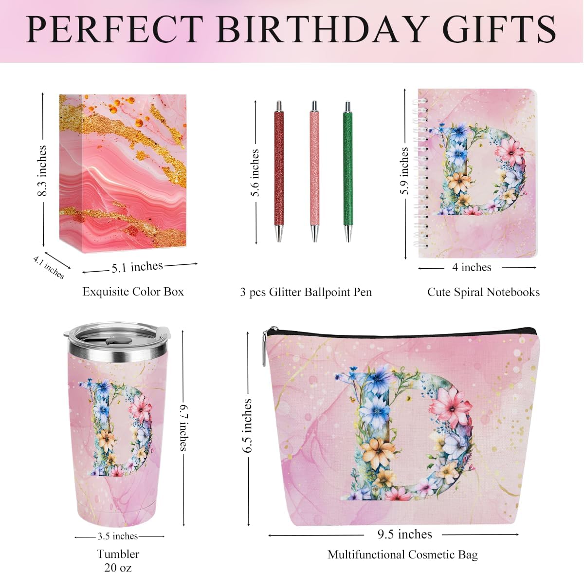 Personalized Gifts Monogrammed Birthday Gifts for Women, Cowerker Wife Sister Wedding Christmas Initial 20 oz Tumbler, Makeup Bag Cup Ballpoint Pens Journal Notebook 6 Set, (Aesthetic Green Flower C)