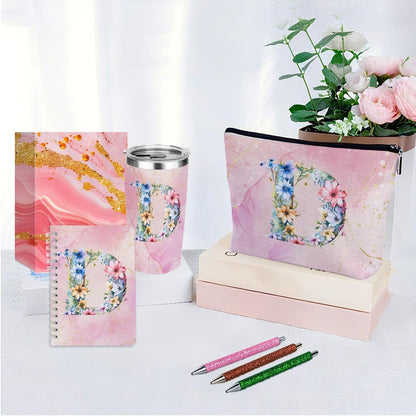 Personalized Gifts Monogrammed Birthday Gifts for Women, Cowerker Wife Sister Wedding Christmas Initial 20 oz Tumbler, Makeup Bag Cup Ballpoint Pens Journal Notebook 6 Set, (Aesthetic Green Flower C)