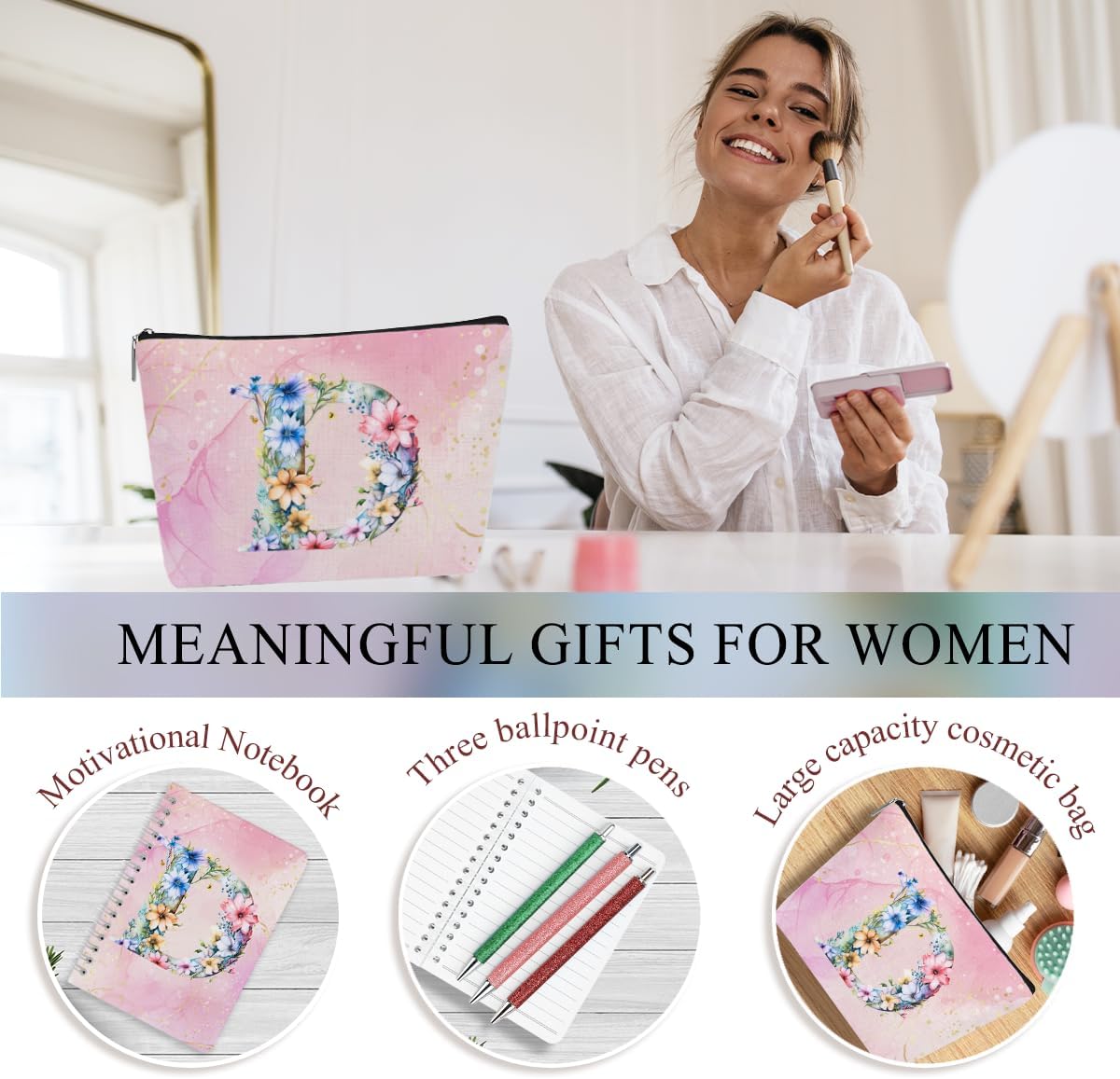 Personalized Gifts Monogrammed Birthday Gifts for Women, Cowerker Wife Sister Wedding Christmas Initial 20 oz Tumbler, Makeup Bag Cup Ballpoint Pens Journal Notebook 6 Set, (Aesthetic Green Flower C)