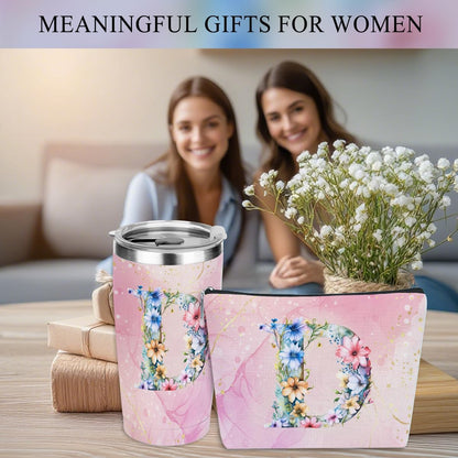 Personalized Gifts Monogrammed Birthday Gifts for Women, Cowerker Wife Sister Wedding Christmas Initial 20 oz Tumbler, Makeup Bag Cup Ballpoint Pens Journal Notebook 6 Set, (Aesthetic Green Flower C)