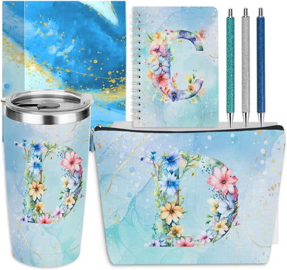 Personalized Gifts Monogrammed Birthday Gifts for Women, Cowerker Wife Sister Wedding Christmas Initial 20 oz Tumbler, Makeup Bag Cup Ballpoint Pens Journal Notebook 6 Set, (Aesthetic Green Flower C)