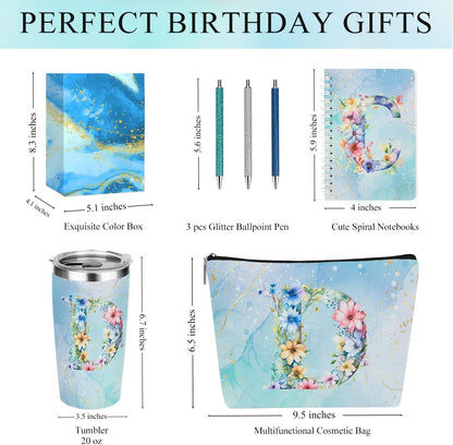Personalized Gifts Monogrammed Birthday Gifts for Women, Cowerker Wife Sister Wedding Christmas Initial 20 oz Tumbler, Makeup Bag Cup Ballpoint Pens Journal Notebook 6 Set, (Aesthetic Green Flower C)
