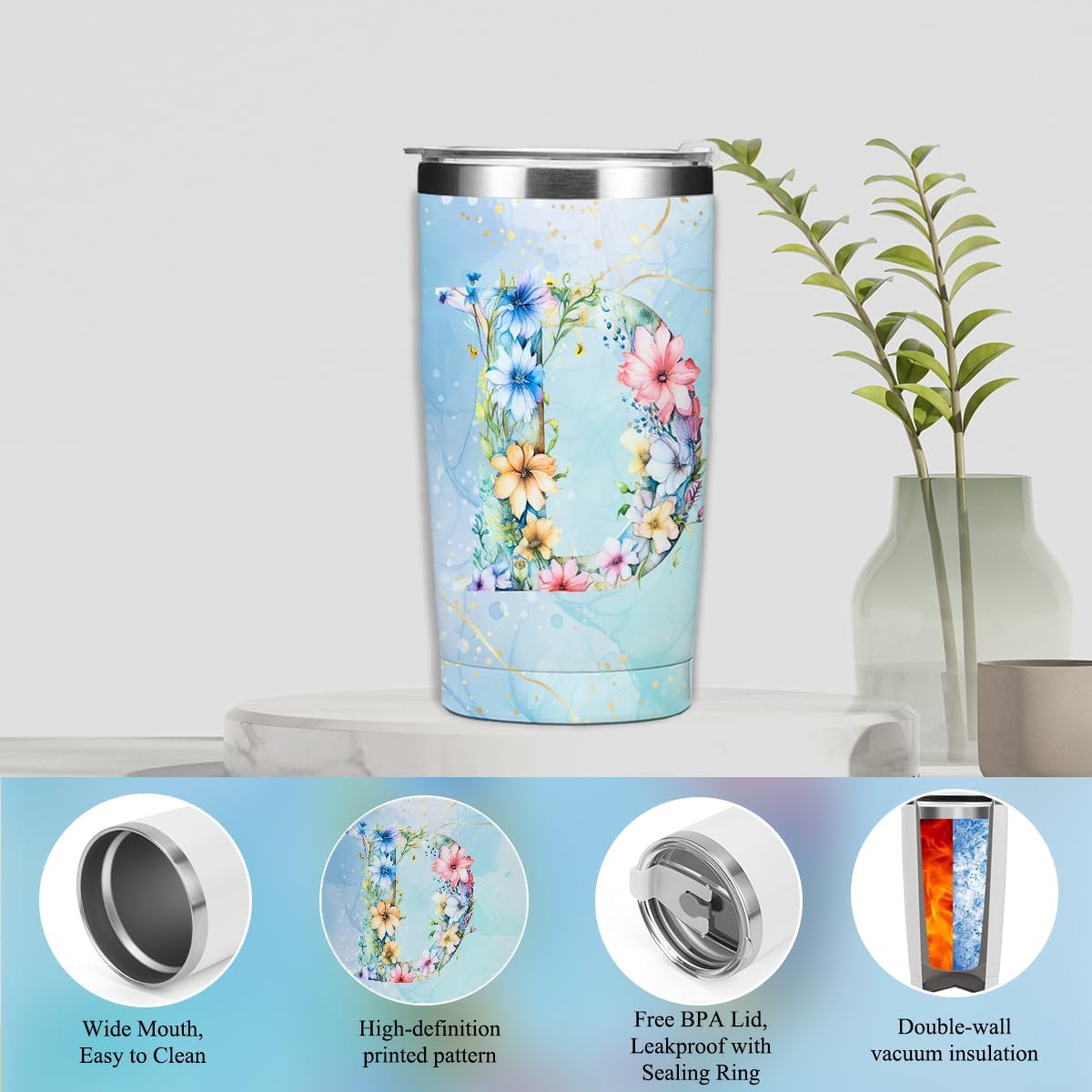 Personalized Gifts Monogrammed Birthday Gifts for Women, Cowerker Wife Sister Wedding Christmas Initial 20 oz Tumbler, Makeup Bag Cup Ballpoint Pens Journal Notebook 6 Set, (Aesthetic Green Flower C)