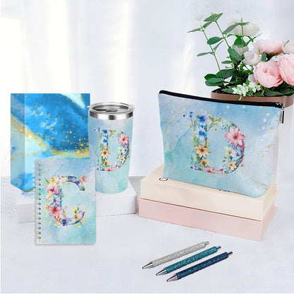 Personalized Gifts Monogrammed Birthday Gifts for Women, Cowerker Wife Sister Wedding Christmas Initial 20 oz Tumbler, Makeup Bag Cup Ballpoint Pens Journal Notebook 6 Set, (Aesthetic Green Flower C)
