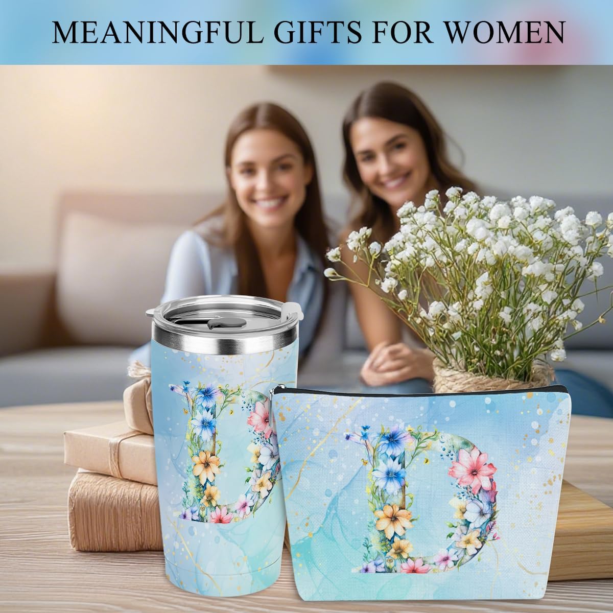 Personalized Gifts Monogrammed Birthday Gifts for Women, Cowerker Wife Sister Wedding Christmas Initial 20 oz Tumbler, Makeup Bag Cup Ballpoint Pens Journal Notebook 6 Set, (Aesthetic Green Flower C)