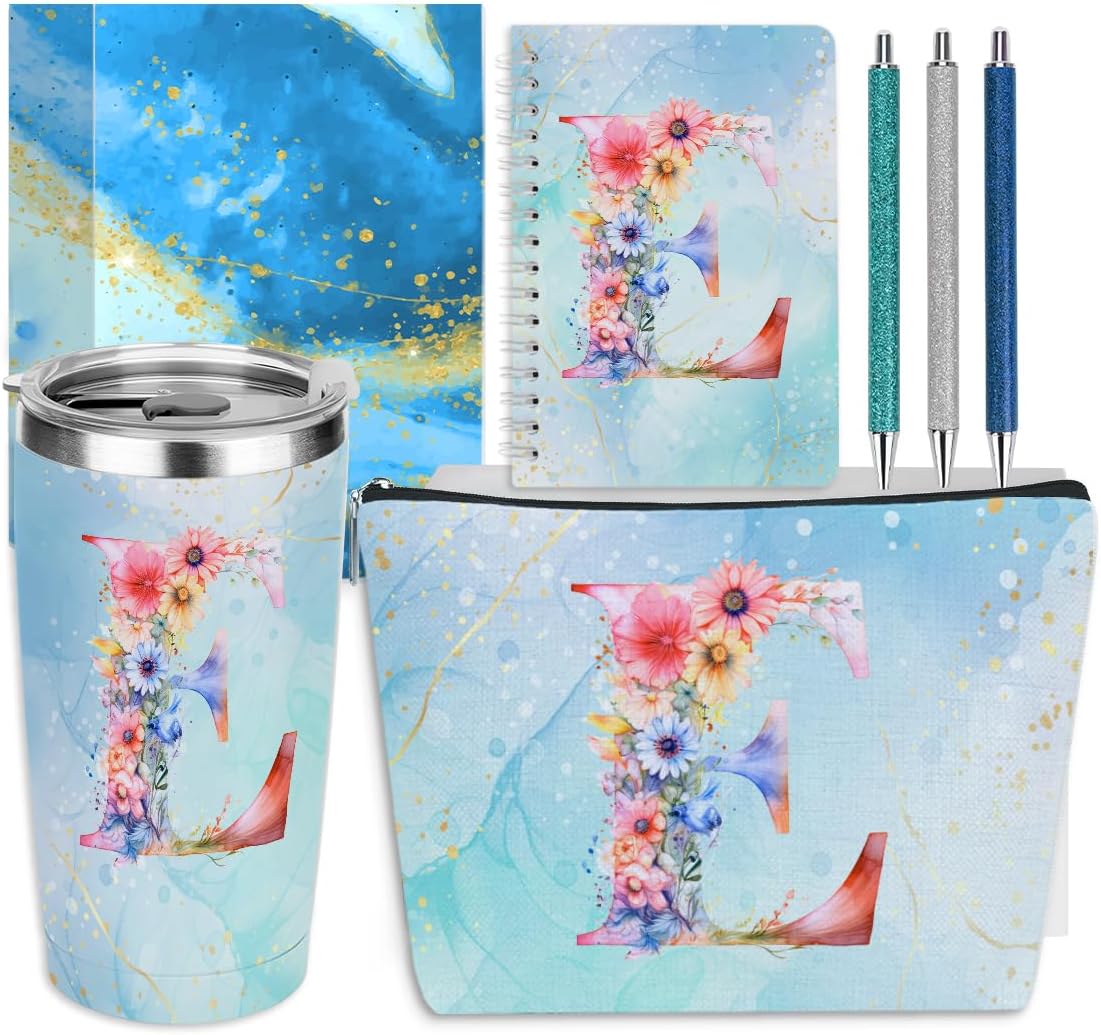 Personalized Gifts Monogrammed Birthday Gifts for Women, Cowerker Wife Sister Wedding Christmas Initial 20 oz Tumbler, Makeup Bag Cup Ballpoint Pens Journal Notebook 6 Set, (Aesthetic Green Flower C)