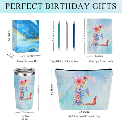 Personalized Gifts Monogrammed Birthday Gifts for Women, Cowerker Wife Sister Wedding Christmas Initial 20 oz Tumbler, Makeup Bag Cup Ballpoint Pens Journal Notebook 6 Set, (Aesthetic Green Flower C)