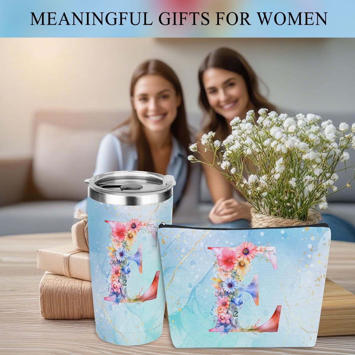 Personalized Gifts Monogrammed Birthday Gifts for Women, Cowerker Wife Sister Wedding Christmas Initial 20 oz Tumbler, Makeup Bag Cup Ballpoint Pens Journal Notebook 6 Set, (Aesthetic Green Flower C)