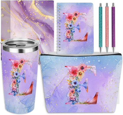 Personalized Gifts Monogrammed Birthday Gifts for Women, Cowerker Wife Sister Wedding Christmas Initial 20 oz Tumbler, Makeup Bag Cup Ballpoint Pens Journal Notebook 6 Set, (Aesthetic Green Flower C)