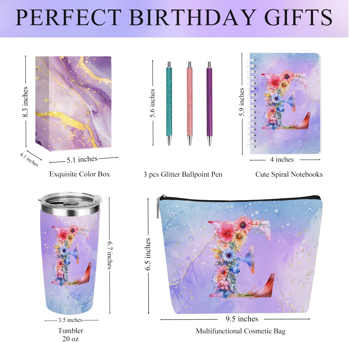 Personalized Gifts Monogrammed Birthday Gifts for Women, Cowerker Wife Sister Wedding Christmas Initial 20 oz Tumbler, Makeup Bag Cup Ballpoint Pens Journal Notebook 6 Set, (Aesthetic Green Flower C)