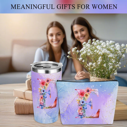 Personalized Gifts Monogrammed Birthday Gifts for Women, Cowerker Wife Sister Wedding Christmas Initial 20 oz Tumbler, Makeup Bag Cup Ballpoint Pens Journal Notebook 6 Set, (Aesthetic Green Flower C)