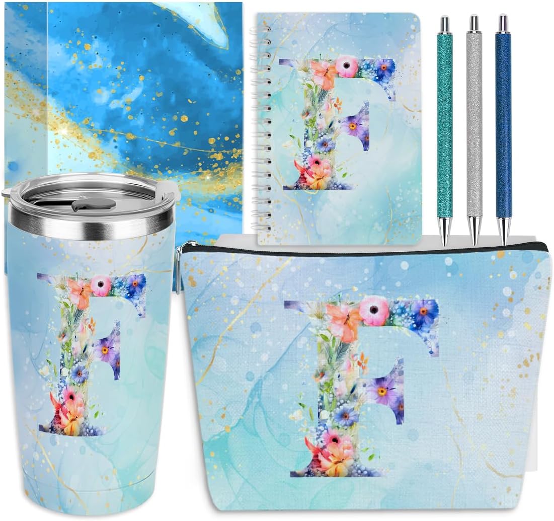 Personalized Gifts Monogrammed Birthday Gifts for Women, Cowerker Wife Sister Wedding Christmas Initial 20 oz Tumbler, Makeup Bag Cup Ballpoint Pens Journal Notebook 6 Set, (Aesthetic Green Flower C)