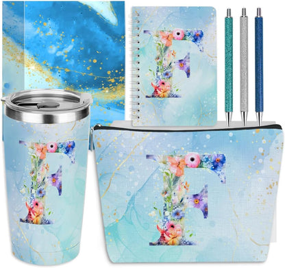 Personalized Gifts Monogrammed Birthday Gifts for Women, Cowerker Wife Sister Wedding Christmas Initial 20 oz Tumbler, Makeup Bag Cup Ballpoint Pens Journal Notebook 6 Set, (Aesthetic Green Flower C)