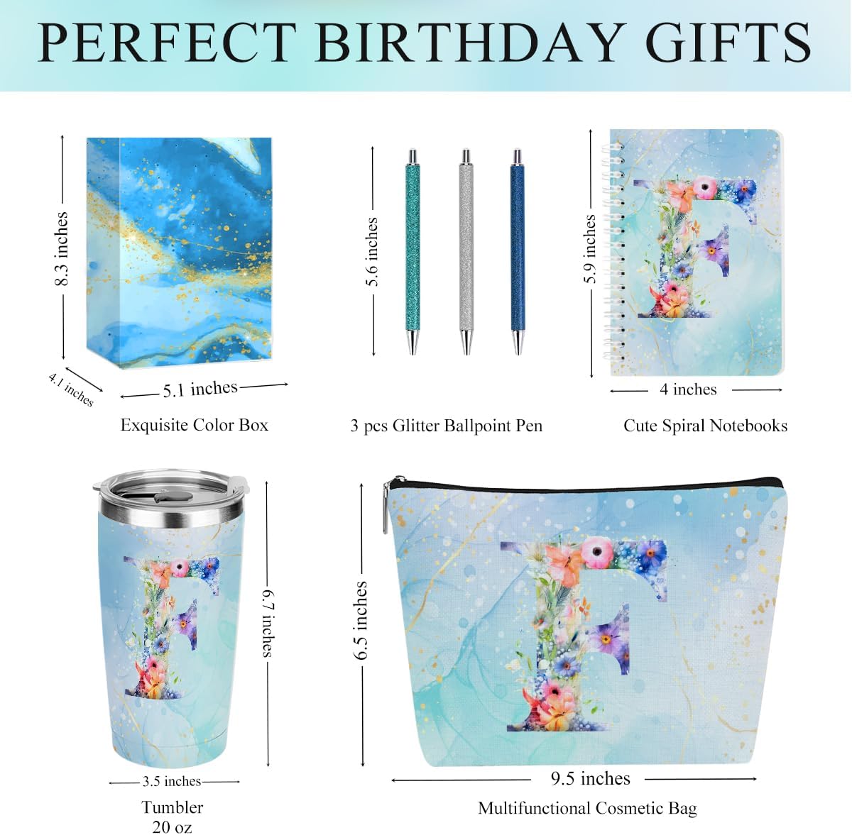 Personalized Gifts Monogrammed Birthday Gifts for Women, Cowerker Wife Sister Wedding Christmas Initial 20 oz Tumbler, Makeup Bag Cup Ballpoint Pens Journal Notebook 6 Set, (Aesthetic Green Flower C)