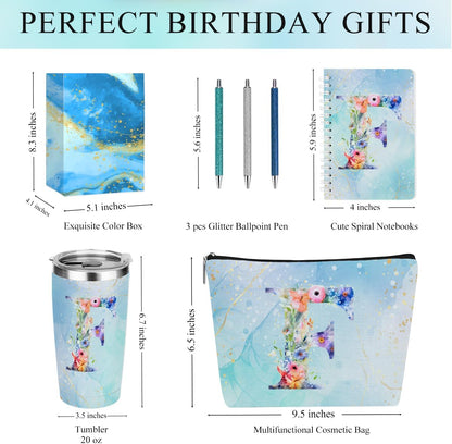 Personalized Gifts Monogrammed Birthday Gifts for Women, Cowerker Wife Sister Wedding Christmas Initial 20 oz Tumbler, Makeup Bag Cup Ballpoint Pens Journal Notebook 6 Set, (Aesthetic Green Flower C)