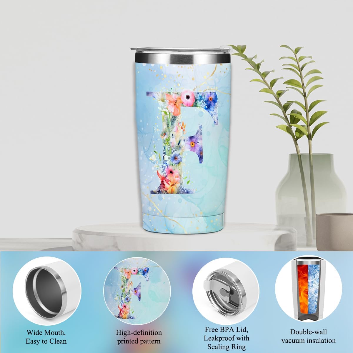 Personalized Gifts Monogrammed Birthday Gifts for Women, Cowerker Wife Sister Wedding Christmas Initial 20 oz Tumbler, Makeup Bag Cup Ballpoint Pens Journal Notebook 6 Set, (Aesthetic Green Flower C)