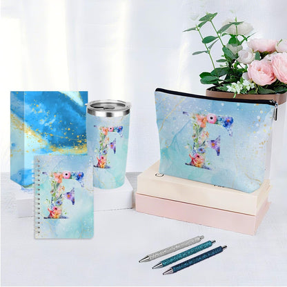Personalized Gifts Monogrammed Birthday Gifts for Women, Cowerker Wife Sister Wedding Christmas Initial 20 oz Tumbler, Makeup Bag Cup Ballpoint Pens Journal Notebook 6 Set, (Aesthetic Green Flower C)