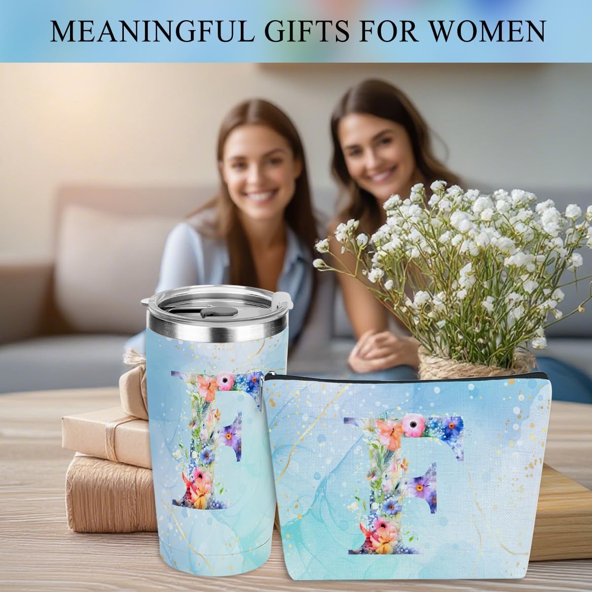 Personalized Gifts Monogrammed Birthday Gifts for Women, Cowerker Wife Sister Wedding Christmas Initial 20 oz Tumbler, Makeup Bag Cup Ballpoint Pens Journal Notebook 6 Set, (Aesthetic Green Flower C)