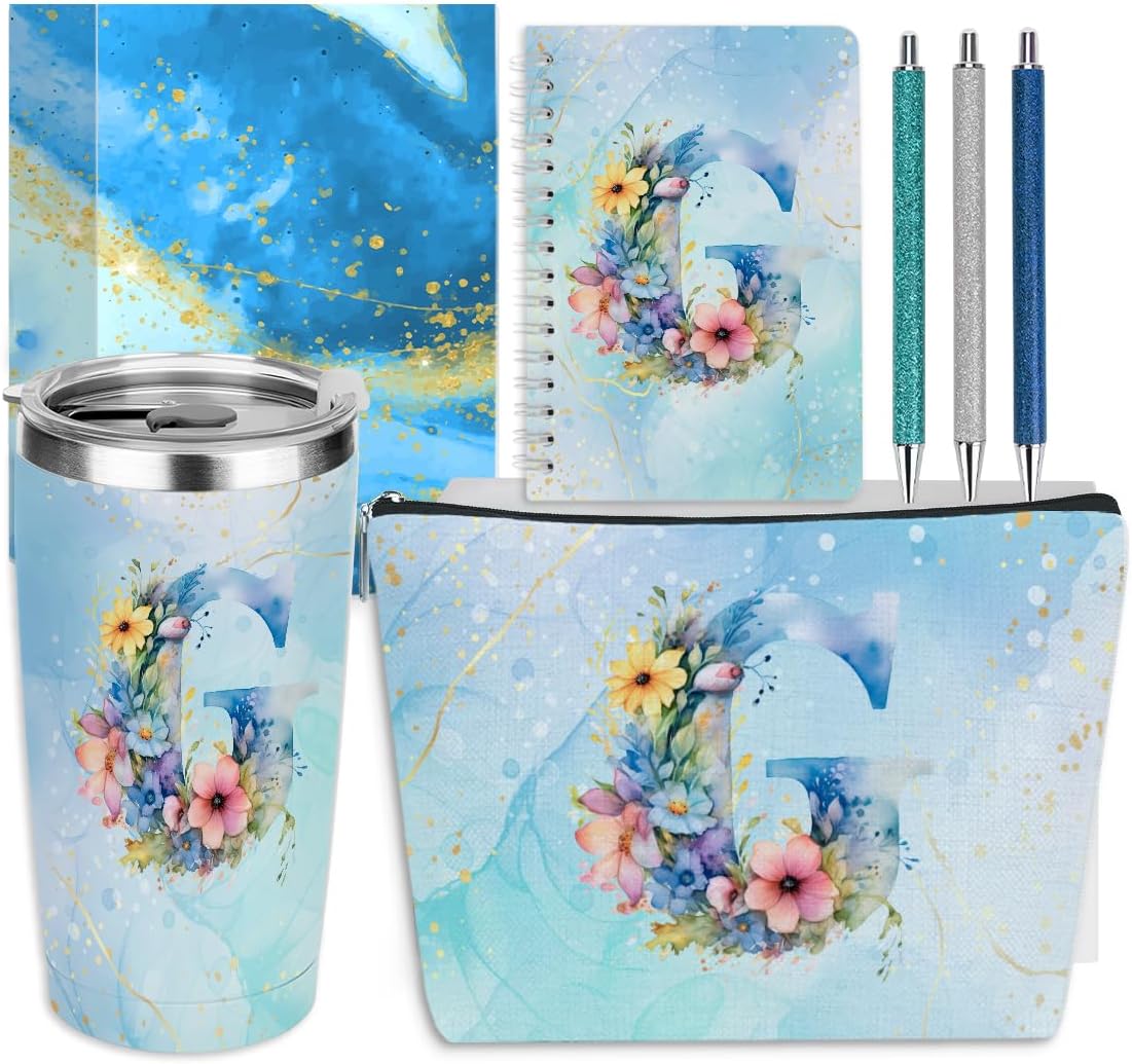 Personalized Gifts Monogrammed Birthday Gifts for Women, Cowerker Wife Sister Wedding Christmas Initial 20 oz Tumbler, Makeup Bag Cup Ballpoint Pens Journal Notebook 6 Set, (Aesthetic Green Flower C)