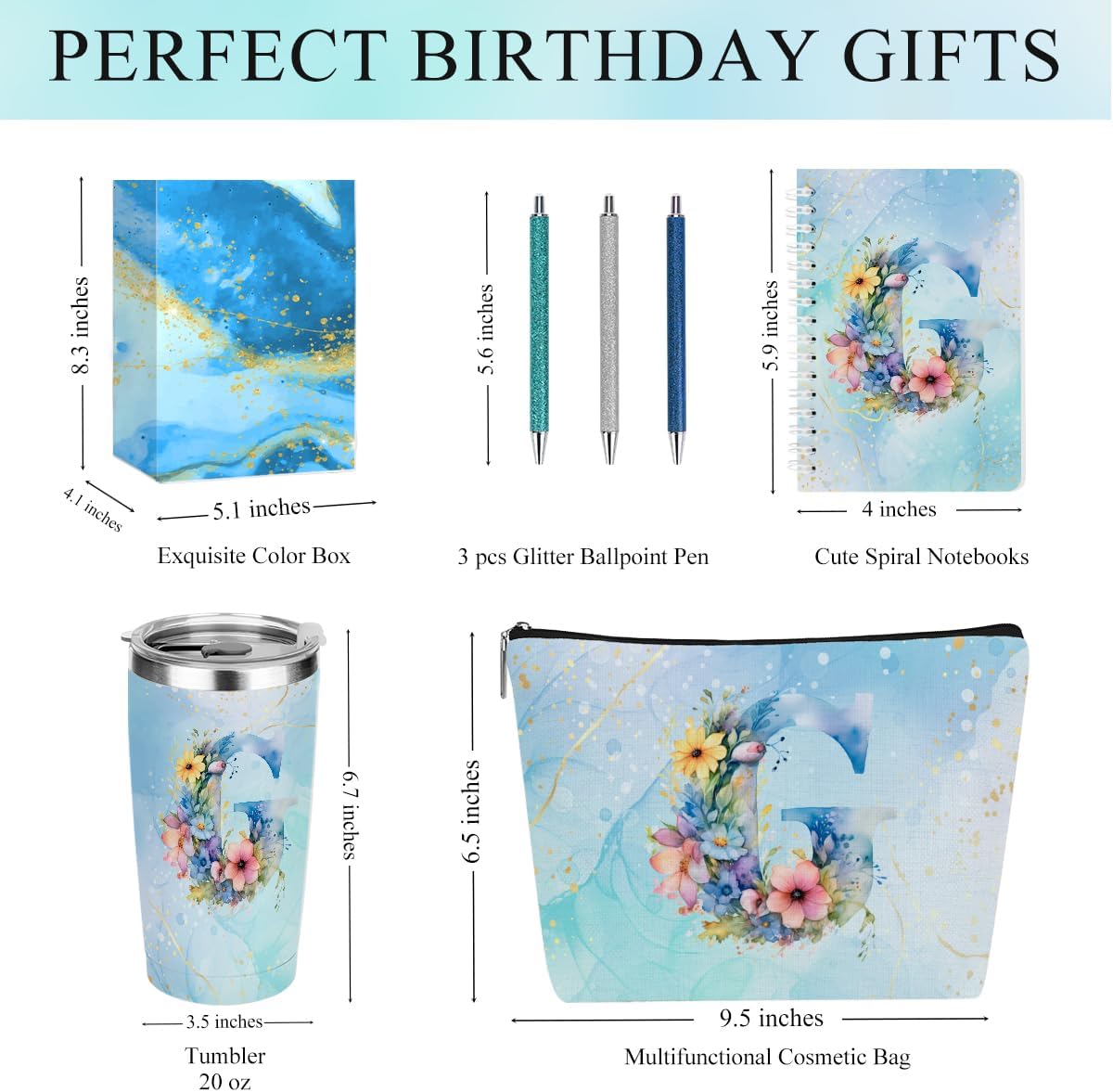 Personalized Gifts Monogrammed Birthday Gifts for Women, Cowerker Wife Sister Wedding Christmas Initial 20 oz Tumbler, Makeup Bag Cup Ballpoint Pens Journal Notebook 6 Set, (Aesthetic Green Flower C)