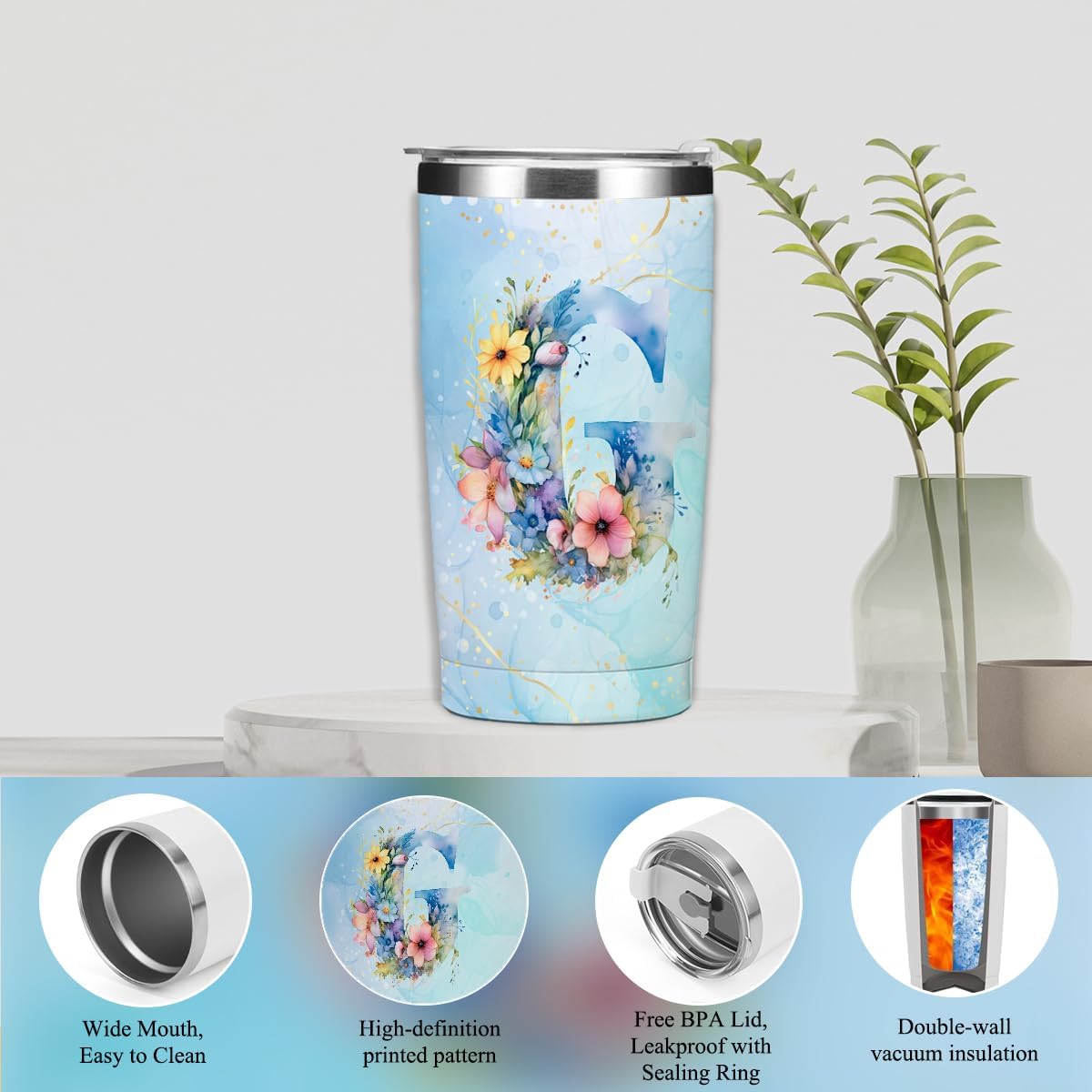 Personalized Gifts Monogrammed Birthday Gifts for Women, Cowerker Wife Sister Wedding Christmas Initial 20 oz Tumbler, Makeup Bag Cup Ballpoint Pens Journal Notebook 6 Set, (Aesthetic Green Flower C)