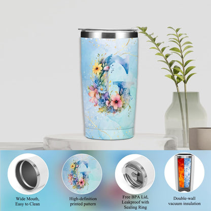 Personalized Gifts Monogrammed Birthday Gifts for Women, Cowerker Wife Sister Wedding Christmas Initial 20 oz Tumbler, Makeup Bag Cup Ballpoint Pens Journal Notebook 6 Set, (Aesthetic Green Flower C)